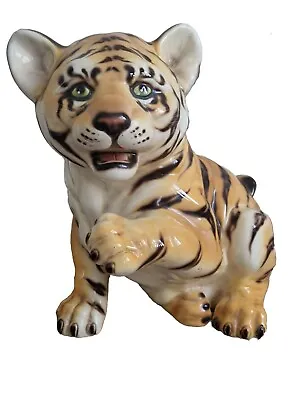 Vintage Tiger Cub Italian Ceramic Large Figurine Raised Paw 28cm Rare • £38