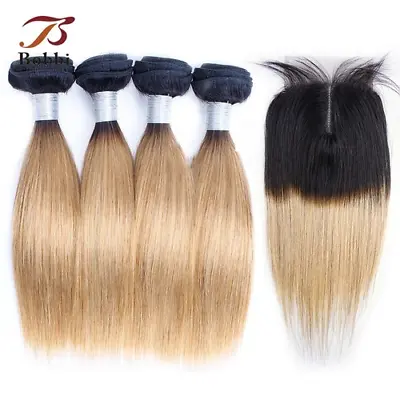 $214.82 • Buy 50g/pc Bundles With Closure Middle Part Lace Ombre  Brown Black Remy Human Hair