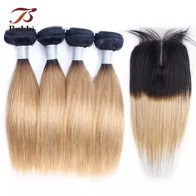 $293.72 • Buy 50g/pc Bundles With Closure Middle Part Lace Ombre  Brown Black Remy Human Hair