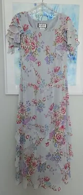 Mary McFadden 8 Floral Tiered Maxi Dress Flowy Blue Pink Roses • $38