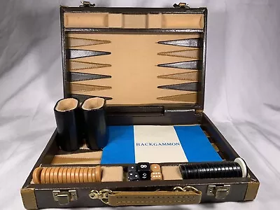 Vintage Backgammon Set In Brown Faux Leather Case  Retro Complete 15x10.5” • $22.99