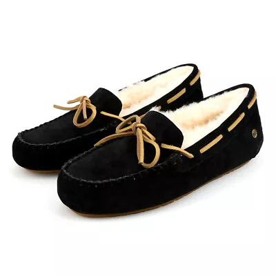 Womens UGG Moccasins Slipper Australian Sheepskin Wool Slip On Loafer Flat Black • $45.99