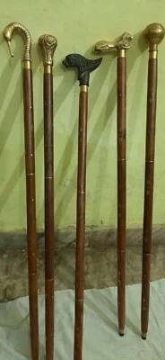 $135 • Buy Lot Of 5 Pcs Antique Brass Walking Stick Different Handle Wooden Cane Victorian