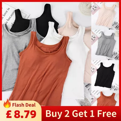 Womens Stretchy Tank Tops Camisole Vest With Built In Removable Pad Bra T Shirt • £2.29