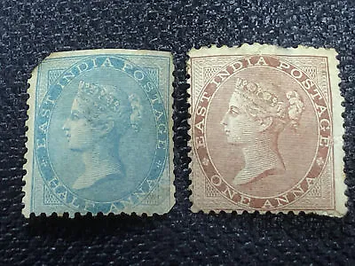 INDIA QV 1865 East India Co. Half Anna Pale Blue  One Anna Brown Unused Stamps • £1.65