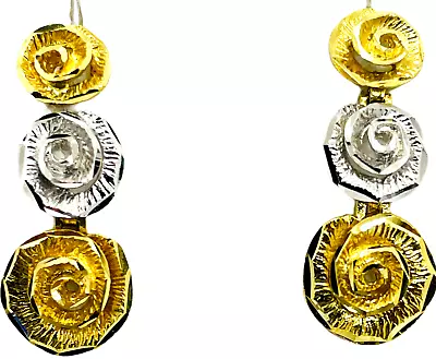 Vintage 14k Solid Two Tone Gold Flower 3 Rose Stud Dangle Post Earrings • $785.39