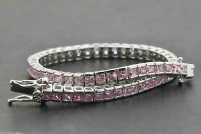 Princess Lab-Created Pink Sapphire Diamond Tennis Bracelet 14K White Gold Plated • $165.74