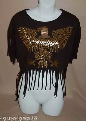 Jr Womens BLACK CROP TOP Gold T-Bird Eagle FRINGES Cut XL 15-17 • $18