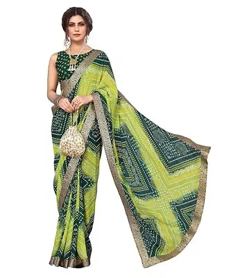 Women's Georgette Bandhani Printed Lace Work Saree With Blouse Piece Green Colo • £20.51