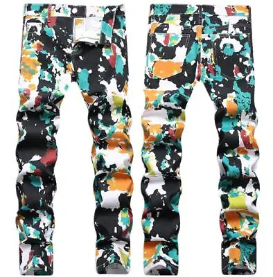 Mens Straight Leg Casual Colorful Printed Pants Stretch Denim Jeans Punk Hip Hop • $32.89