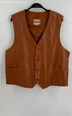 Vintage Silton Mens Brown Leather Lined Pockets Button Front Vest Jacket Size 46 • $24.99