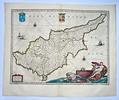 CYPRUS 1642 WILLEM BLAEU LARGE ANTIQUE ENGRAVED MAP 17th CENTURY • £791.61