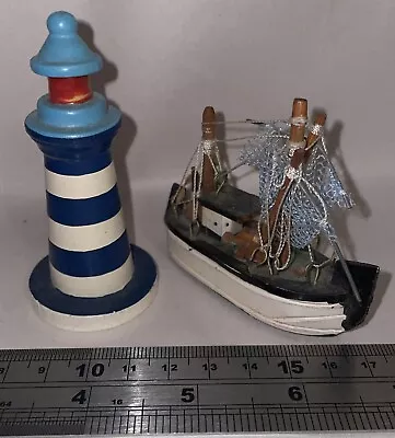 Vintage Wooden Miniature Sailing Ship & Lighthouse Ornaments Figures Display • £9.99