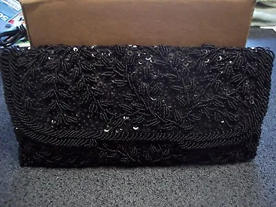 Vintage Black Hand Beaded And Sequined Evening Clutch • $12.99