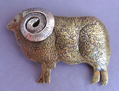 $99.99 • Buy 3d Vintage Large Courtney Peterson Sterling Brass Big Horn Ram Sheep Pin Pendant