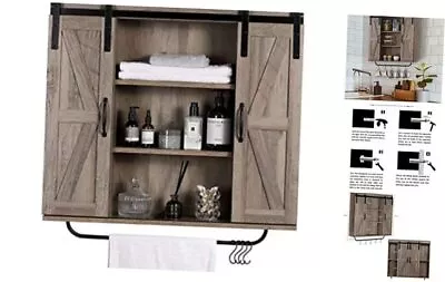  Rustic Wood Wall Storage Cabinet With Two Sliding Barn Door 3-Tier Washed Oak • $193.09