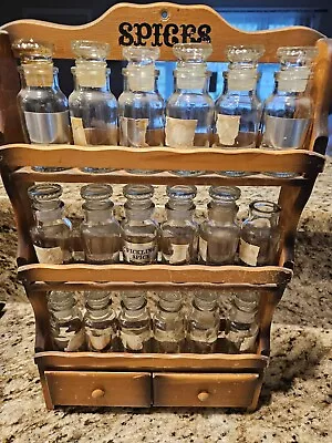 18 Vintage Apothecary Spice Glass Jars Made In Japan With Wood Wall Cabinet Rack • $54.95