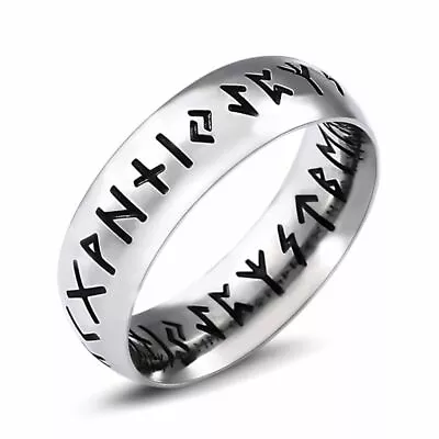 Mens Silver Stainless Steel Norse Viking Double Sided Futhark Rune Ring Band • $11.99