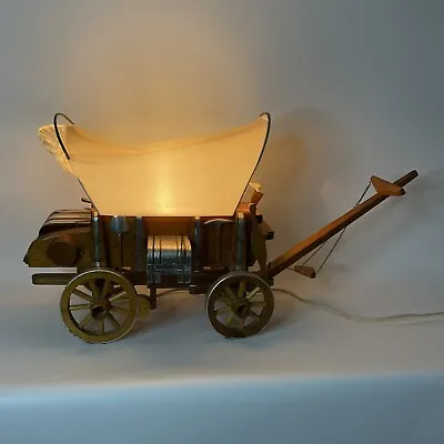 $55 • Buy Vintage 60s Handcrafted Wood Western Covered Wagon Lamp WORKS Americana Folk Art