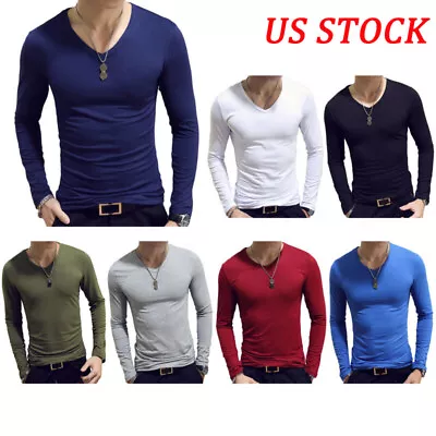$11.09 • Buy US Mens Casual Long Sleeve T-shirt Slim Fit Undershirt V-Neck Stretch Shirt Top
