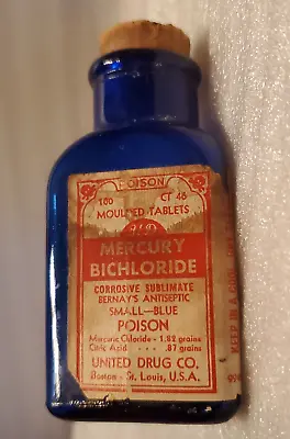 Vtg Cobalt Blue POISON Mercury Bichloride BottleCork Stopper Drug Co. W/Label • $59.99