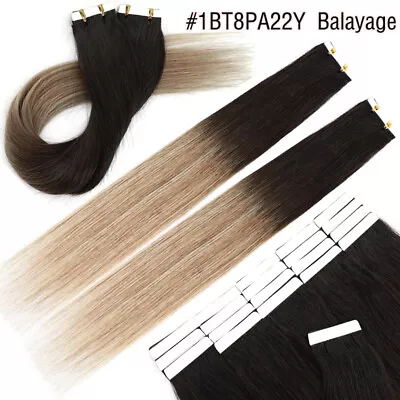 Invisible Tape In Hair Extensions 100% Real Human Hair Skin Weft Full Head 20pcs • $53.25