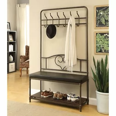 Black Metal Hall Tree Padded Bench Mirror Coat Rack Entryway Storage Hook Hanger • $206.90