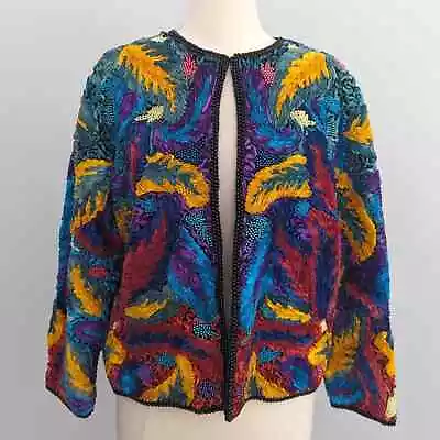 Vintage Women's Precious Moments  80s Art To Wear Beaded Jacket Large Silk • $80
