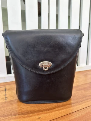 $29 • Buy Oroton -  1990s Black Leather Bucket Bag With Gold Trim