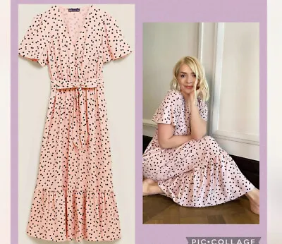 M&S  HOLLY WILLOUGHBY POLKA DOT MIDI Long WRAP DRESS 10 REG PINK BNWT • £55