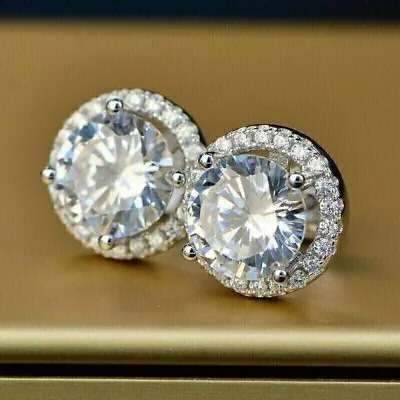 Solid 925 Sterling Silver 2.5 Ct Round Moissanite Halo Stud Earring Worth 48 $ • $4.02