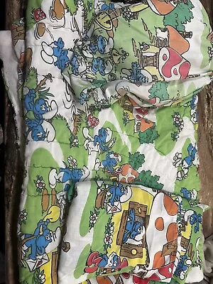 Vtg 80s Lawtex Smurfs Twin Fitted Bed Sheet Flat Sheet And Comforter Blanket Lot • $89.99