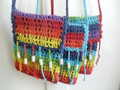 £16.95 • Buy Rainbow Crochet Bag Fair Trade Tassels Beads Small Passport Boho Hippy Fun Gift