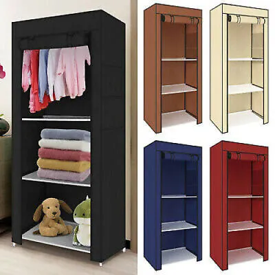 Practical Fabric Canvas Wardrobe Hanging Rail Shelving Clothes Storage Cupboard • £12.79