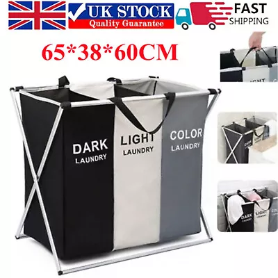 3 Sections Laundry Basket Hamper Clothes Bin Organiser Folding Light Dark Colour • £14.99