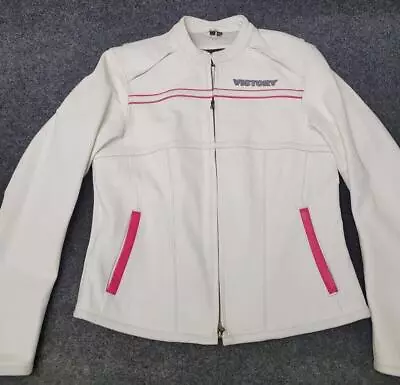Victory Motorcycle Jacket Womens Large White Pink Leather Zip Vented Pockets Z2 • $89.99