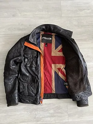 SUPERDRY Falcon LEATHER JACKET Union Jack Fur Excellent Condition Size X-Large • £299