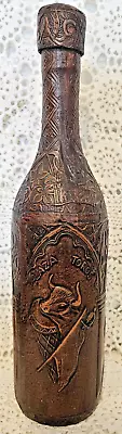 Mexican Plaza Toros Hand-Tooled Leather Bottle & Covered Cap Vintage 14  Tall • $20
