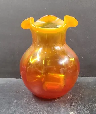 Vintage Rainbow Glass Orange Amberina Vase Paneled Ruffled Hand Blown 5  Mcm • $16.20
