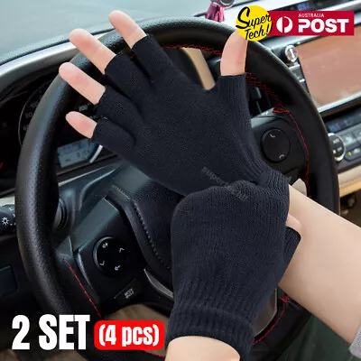 2x Winter Fingerless Gloves Open Finger Black Soft Warm Knitted Glove Unisex • $8.45