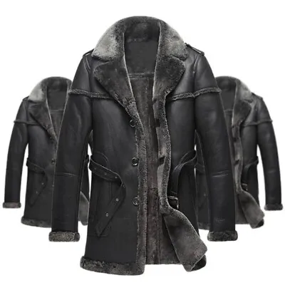 Mens Winter Warm Bomber Sheep Leather Overcoat RAF Aviator Pilot Flying Jacket • $366.88