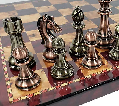 LARGE 4 3/8  King Copper & Gold Finish Staunton Chess Set 18  Cherry Color Board • $165