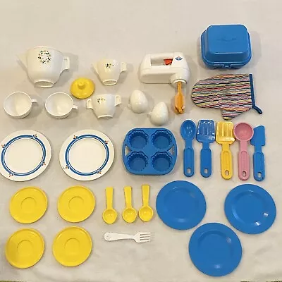 Vintage Fisher Price Pretend Play Kitchen Toys Egg Beater Tea Set Plates Utensil • $59.99