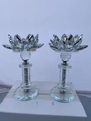 2x Romany Silver Crushed Crystal Candle Holder Lotus Flower Filled Home Decor • £24.99