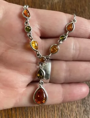 Sterling Silver Tri-colour Amber Lariat Necklace Full UK Hallmarks • £42