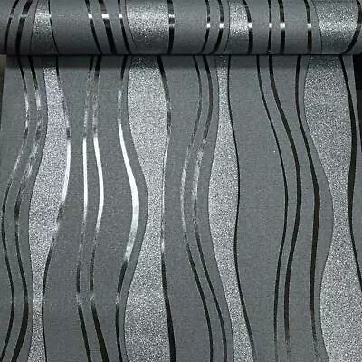£13.99 • Buy Charcoal Grey Black Glitter Textured Paste The Wall Wallpaper Vinyl Wave Stripe