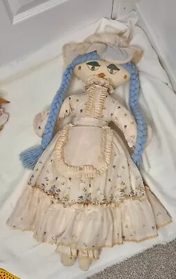 Vintage 27 Inches Handmade Ragdoll In Bonnet And Apron Face Drawn Blue Wool Hair • £38