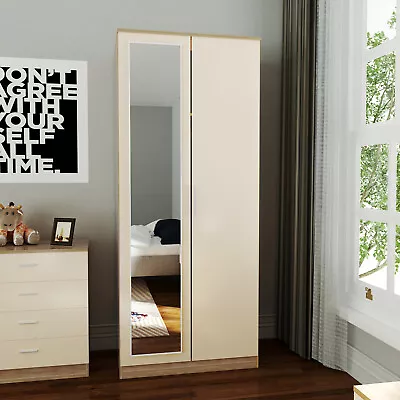 2 Door Wardrobe With Mirror Storage Cream Oak High Gloss Bedroom Furniture Shelf • £136.68