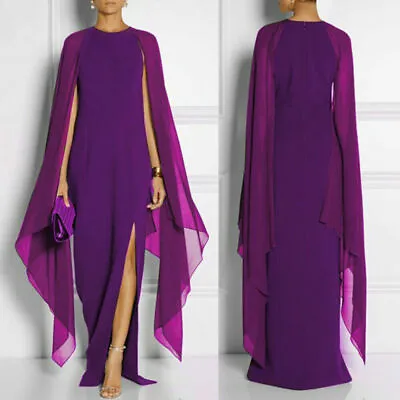 Womens Long Cape Sleeve Prom Dress Formal Party Evening Cocktail Maxi Ball Gown • £31.19