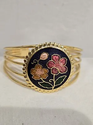 ...Vintage Gold Tone Cloisonne Enamel Flower & Leaves Cuff Bracelet... • $5.50